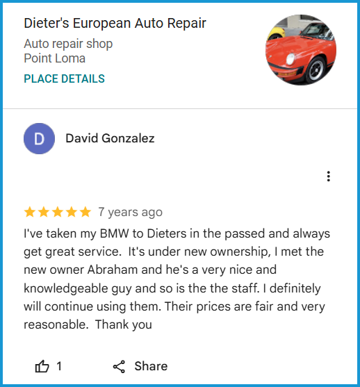Review of Dieter's European Auto Repair By David Gonzalez