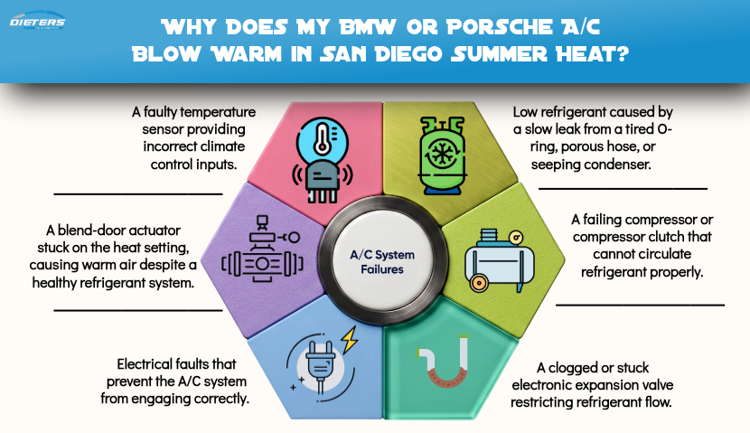 Why does my BMW or Porsche AC blow warm in San Diego summer heat